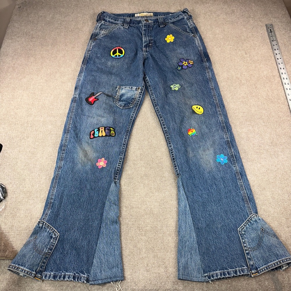 Lee Dungarees Custom Patchwork Flare Carpenter Jeans Blue Denim 30x32 Boho Y2K